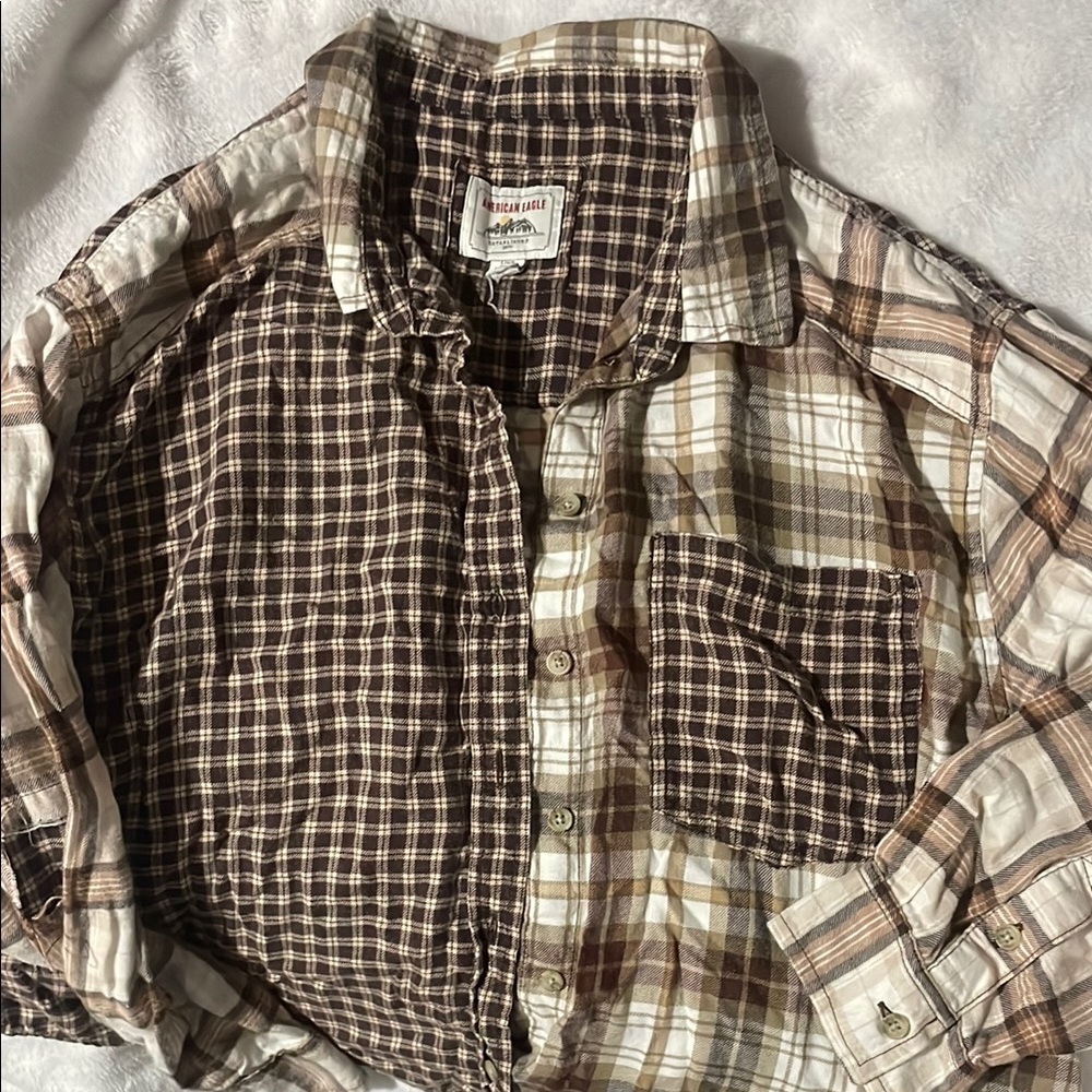 Brown and White Plaid Button-Up Shirt